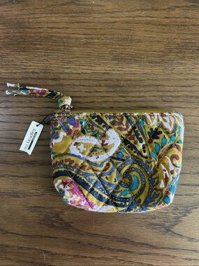 Vera Bradley Mustard Paisley Quilted Wristlet Pouch with Teal & Pink Accents